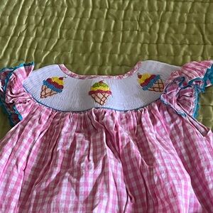 Pink Gingham Bishop Smocked Dress with Ice Cream Embroidery Angel Sleeves